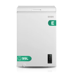 Congelatore orizzontale Svan, ciclico. Capacità 99L, Classe E. Dimensioni: 85cm 54,7cm 44,6cm. Colore: Bianco, Controllo con display. Motore inverter. 1 cestino.