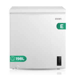 Congelatore orizzontale Svan, ciclico. Capacità 198L, Classe E. Dimensioni: 85cm 77cm 56cm. Colore: Bianco, Controllo con display. Motore inverter.