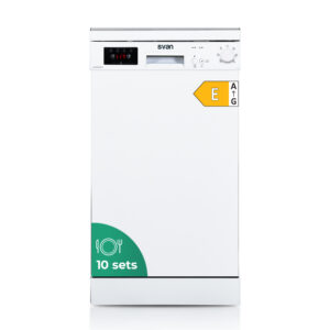 Lave-vaisselle en acier inoxydable, capacité de 10 couverts, classe E. Dimensions : 85cm 44,8cm 59,8cm. Couleur : blanc, commande avec affichage. 2 plateaux et 6 programmes.