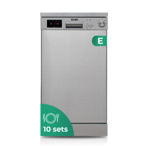 Lave-vaisselle en acier inoxydable, capacité de 10 couverts, classe E. Dimensions : 85cm 44,8cm 59,8cm. Couleur inox, Commande avec affichage. 2 Plateaux et 6 Programmes.