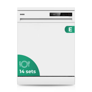 Lave-vaisselle Svan, capacité 14 couverts, classe E. Dimensions : 84,5cm 59,8cm 59cm. Couleur : blanc, commande avec écran tactile. 2 plateaux et 6 programmes.