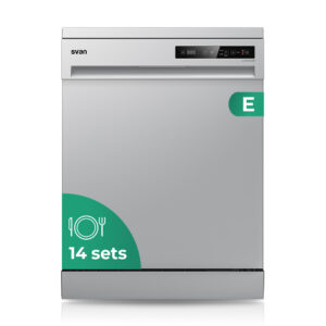 Lave-vaisselle Svan, capacité 14 couverts, classe E. Dimensions : 84,5cm 59,8cm 59cm. Couleur acier inoxydable, contrôle par écran tactile. 2 plateaux et 6 programmes.