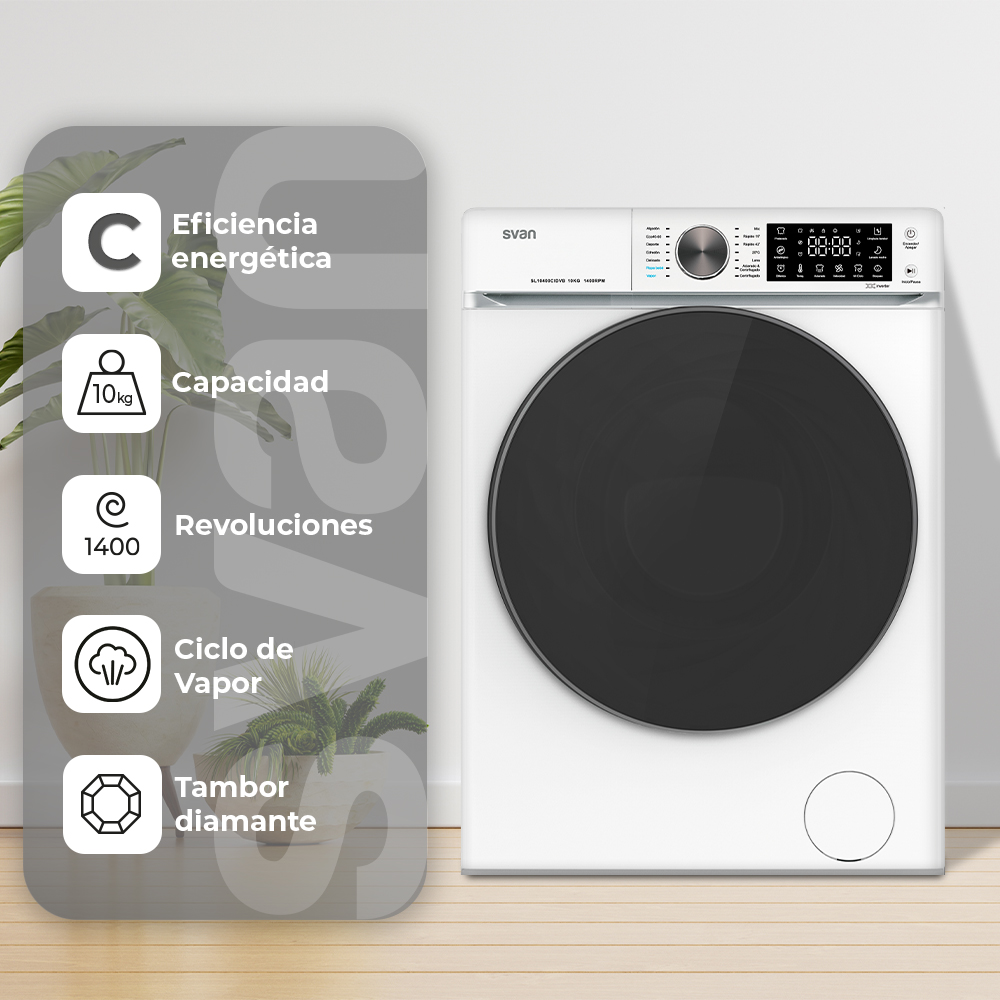Lavadora Svan 10kg 1400rpm C 85cm 59,5cm 60cm Blanco DisplayTáctil Inverter Vapor MiCiclo T.Diamante - immagine 5