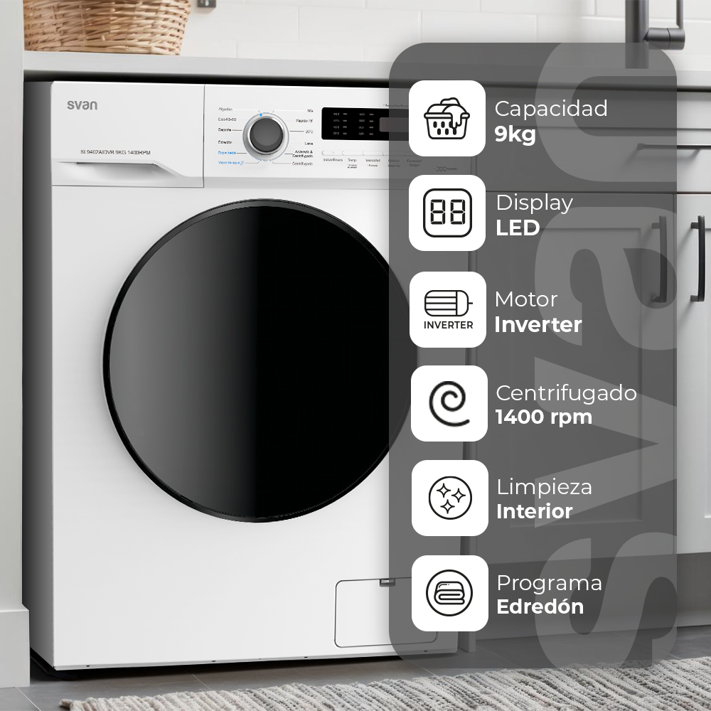 Lavadora Svan 9kg 1400rpm A 85cm 59,5cm 60cm Blanco Display Inverter – Image 5