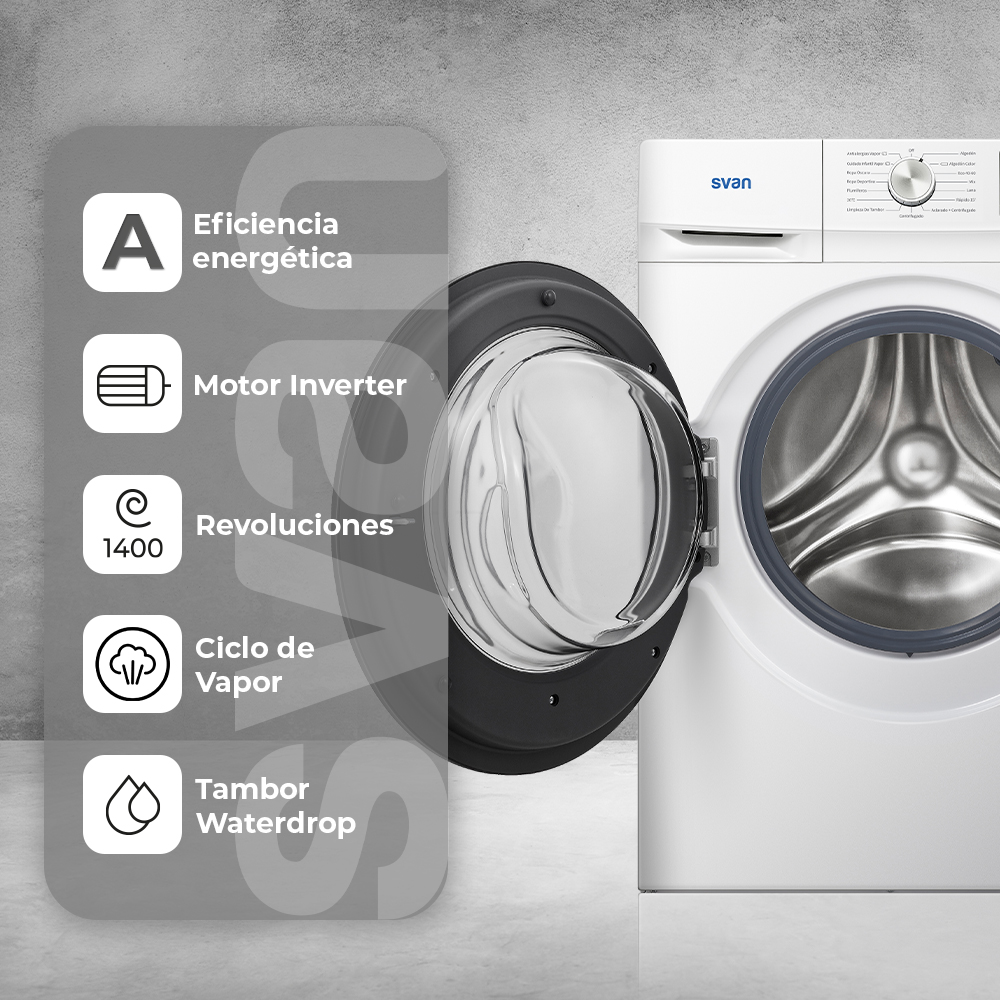 Lavadora Svan 10kg 1400rpm A 84,5cm 59,5cm 63,5cm Blanco Display Inverter Vapor MiCiclo T.Waterdrop – Image 9